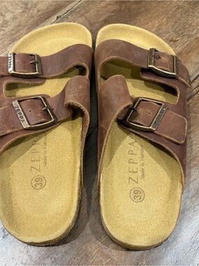 Zeepar Brown Suede Double-Buckle Slide Sandals